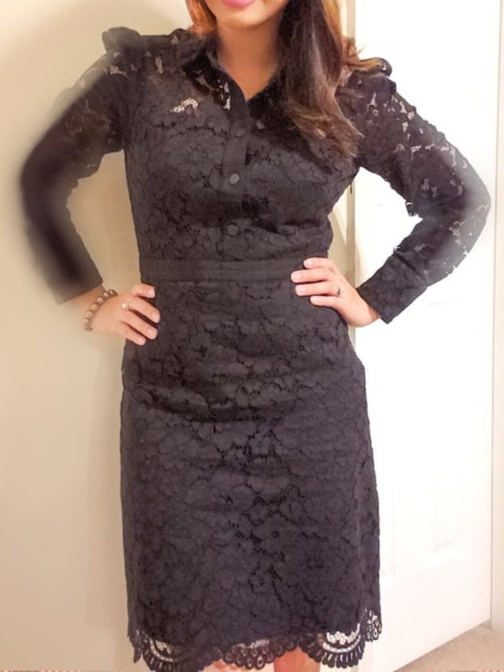 Shoshanna Black Lace Shirt Dress Long Sleeve Button Front Size 10